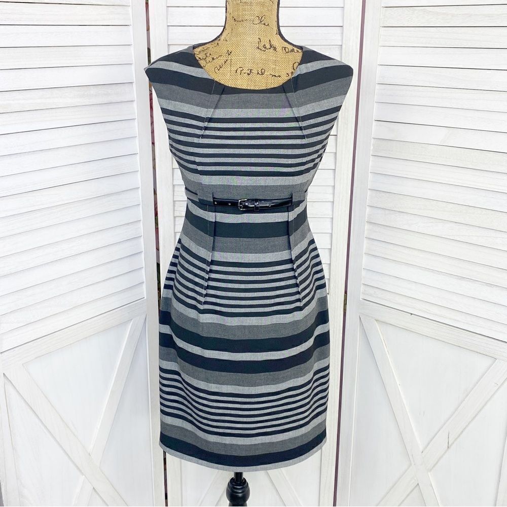 Calvin Klein Striped Sleeveless Sheath‎ Dress Gray Black 4P